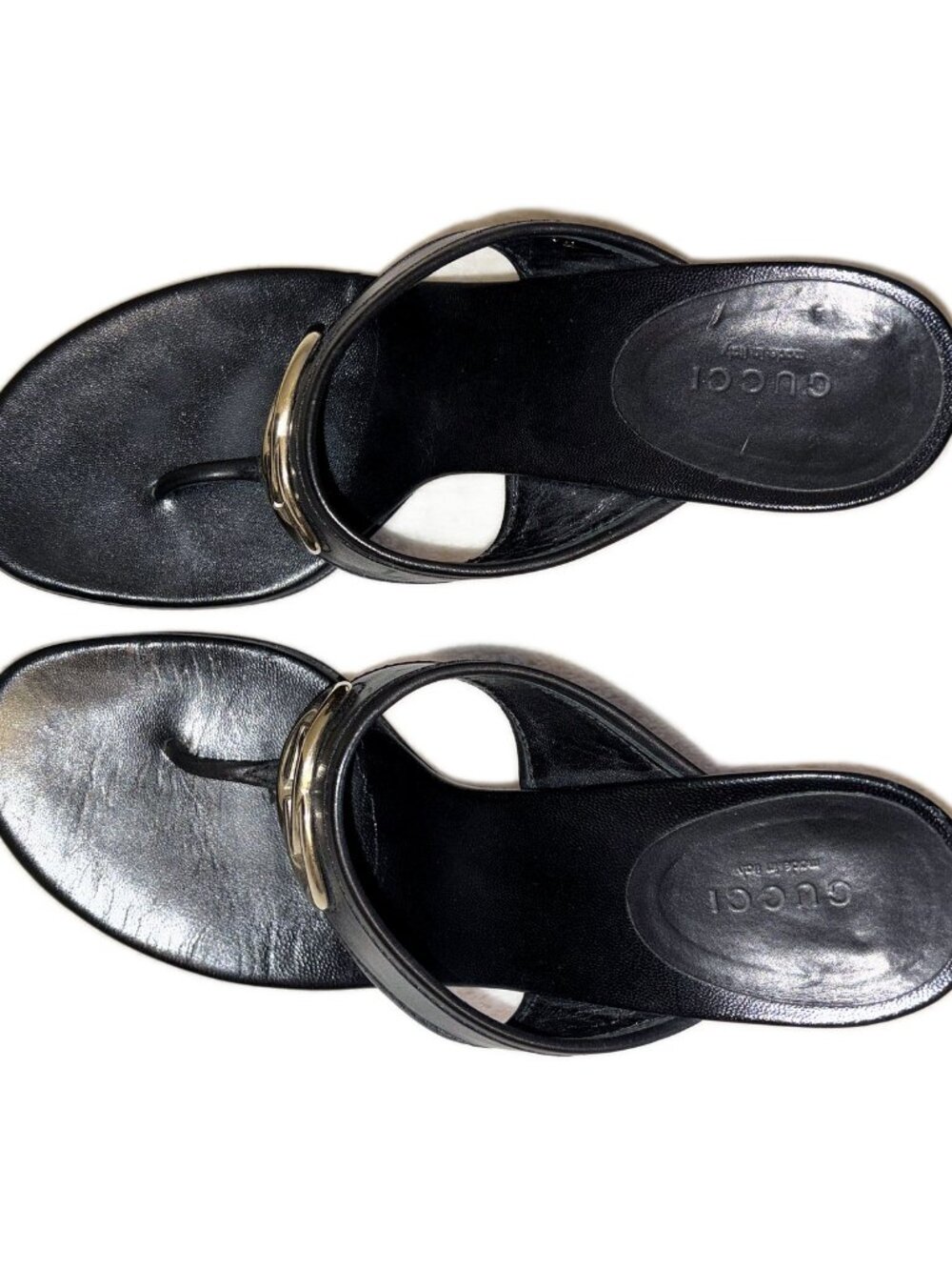 Gucci Black Leather Thong Heel Sandal Gold Bar Stiletto Mule Size 9.5 B